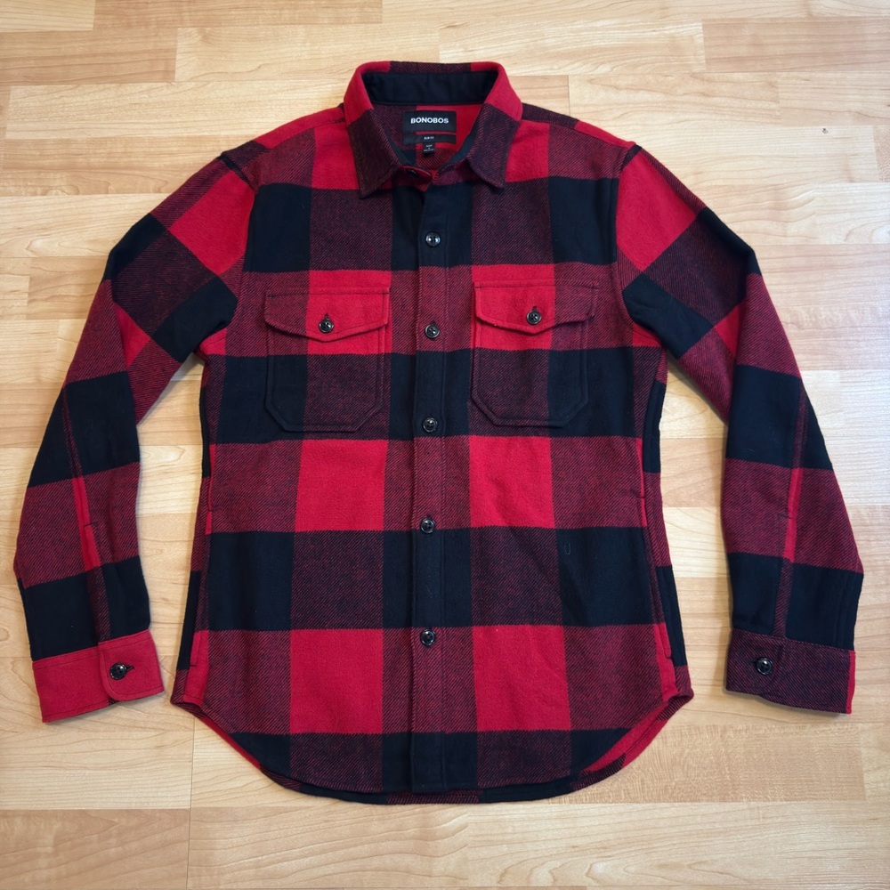 Bonobos Buffalo Plaid Red/Black Button Shirt Jacket - Size Small Slim Fit Short